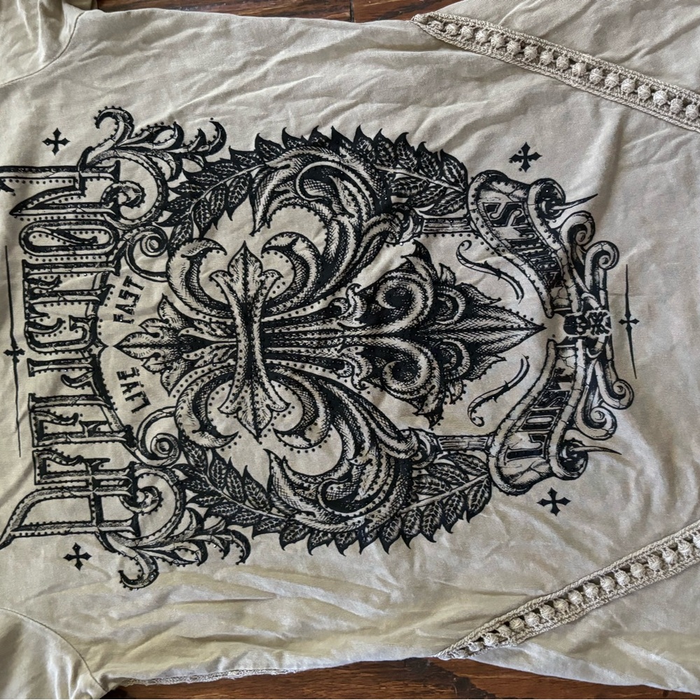Affliction Beige Women’s short sleeve Tee with Black Graphic